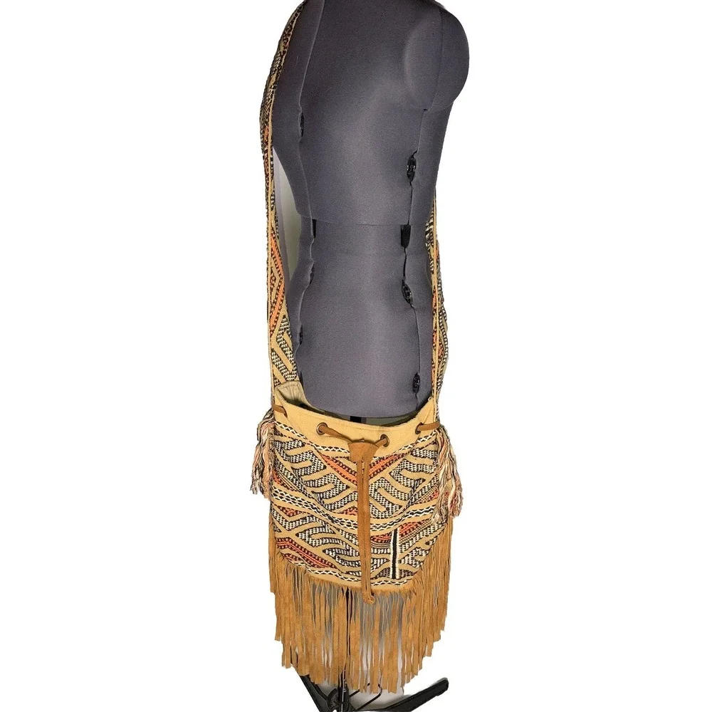 Vtg Y2K Boho Crossbody Bag Fringe Woven Festival Coachella Tribal a+p Denim - Picture 7 of 16